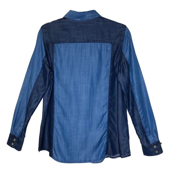 Foxcroft Women's Button-up Shirt Tencel Long Sleeve Shirt Color Block Retro - Picture 2 of 13